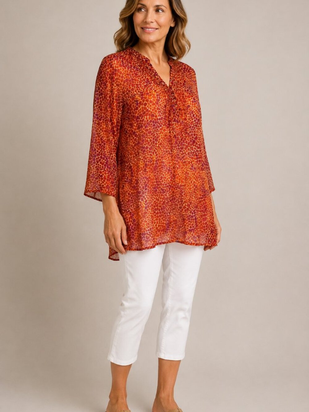 Jaclyn Smith Orange Pink Abstract Print Sheer Tunic Blouse Size S